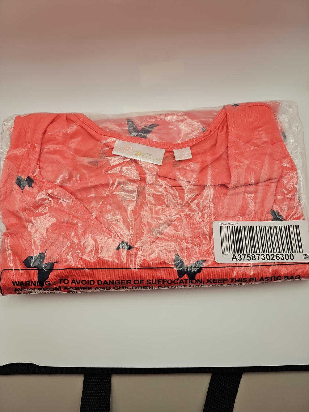 Belle by Kim Gravel Coral and Black Butterfly Long Sleeve Top 1X New Old Stock